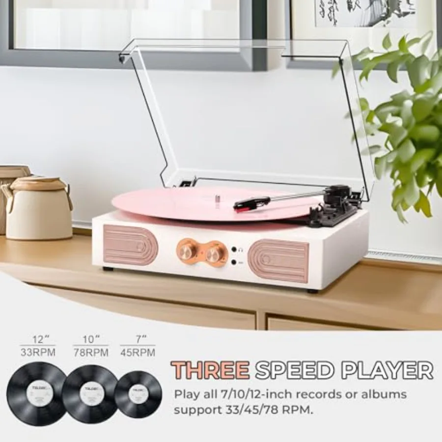 Vinyl Record Player with Built-in Speakers 3-Speed Vintage Record Player Support Trebleand Bass Control, 3.5mm Headphone Jack, view 6