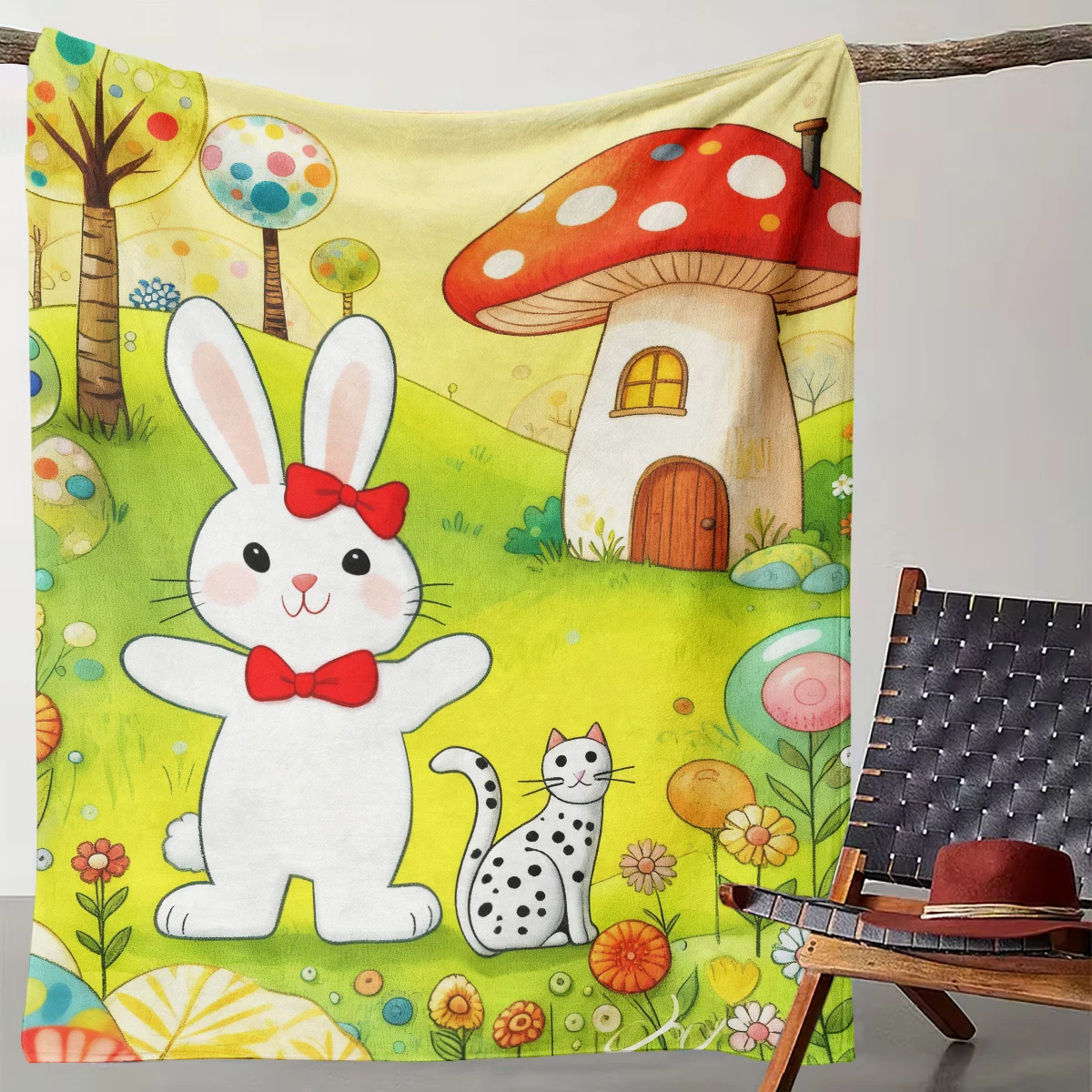

1 Piece of Fairy Tale Cute Rabbit Mushroom House Secret Childlike Forest Blanket Suitable for Sofa Bed Travel and Office