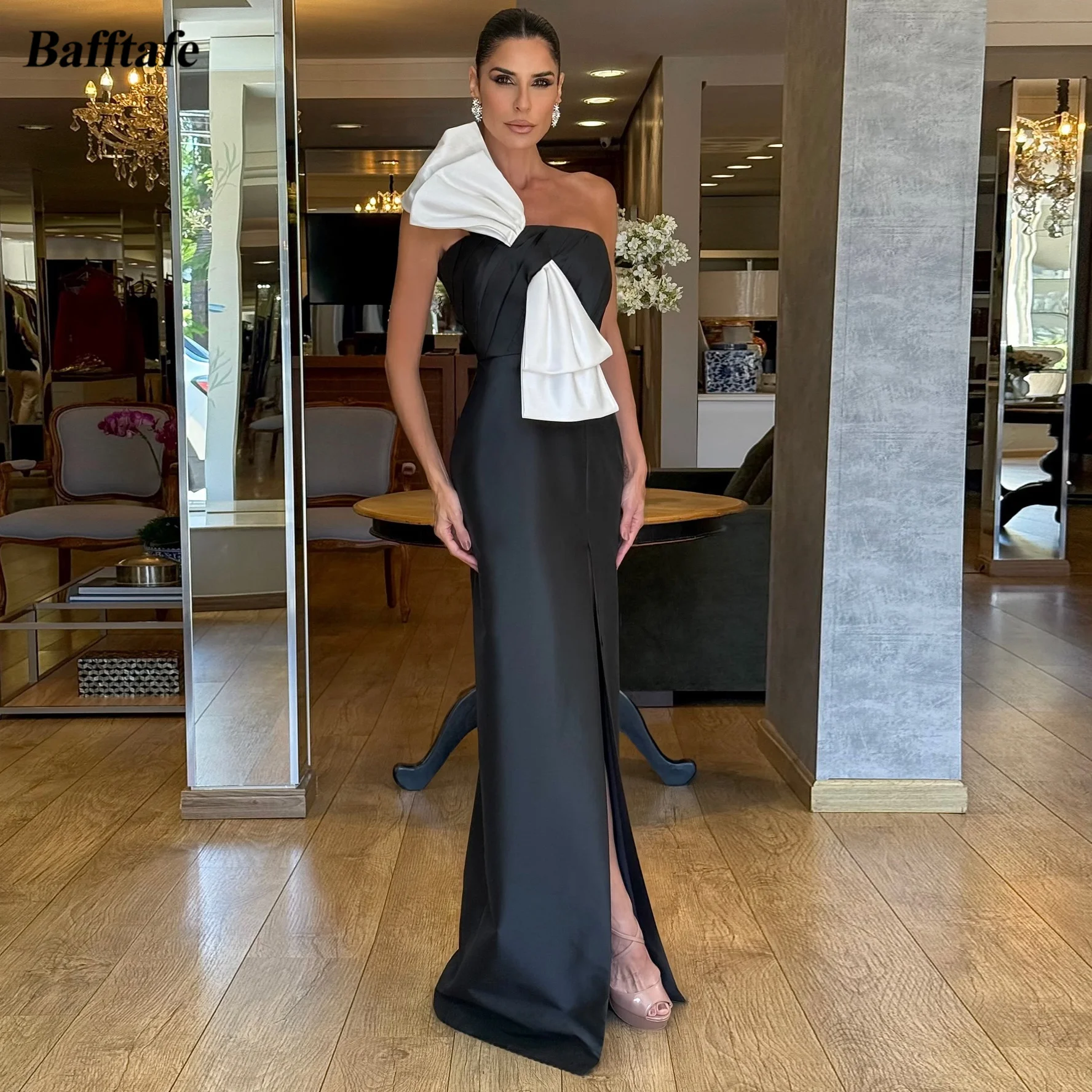 Bafftafe Black Satin Ivory Bow Satin Evening Gowns Customized Mermaid Leg Slit Women's Prom Dresses Corset Formal Birthday Dress