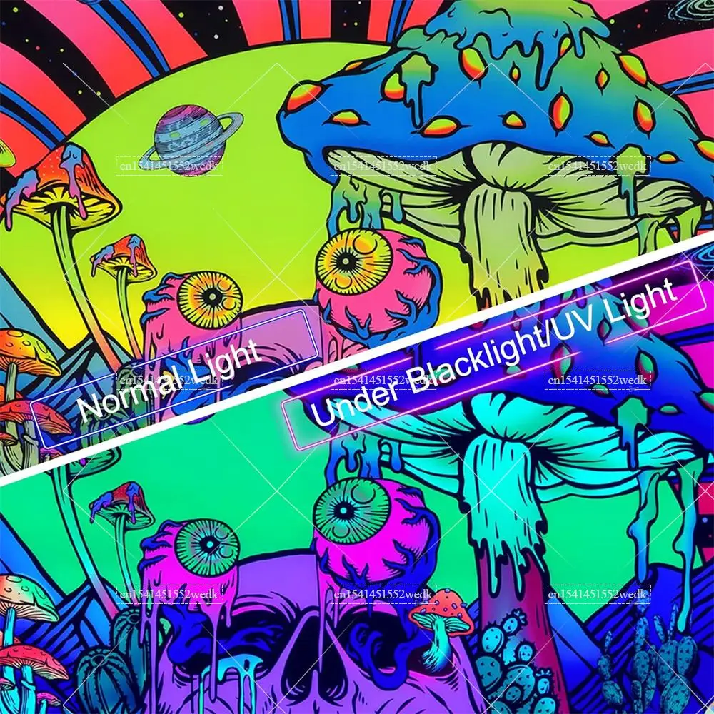 Blacklight Skull Tapestry Mushroom For Bedroom Aesthetic Cactus UV Tapestry Glow in The Dark Mountain and Sun Wall Tapestries