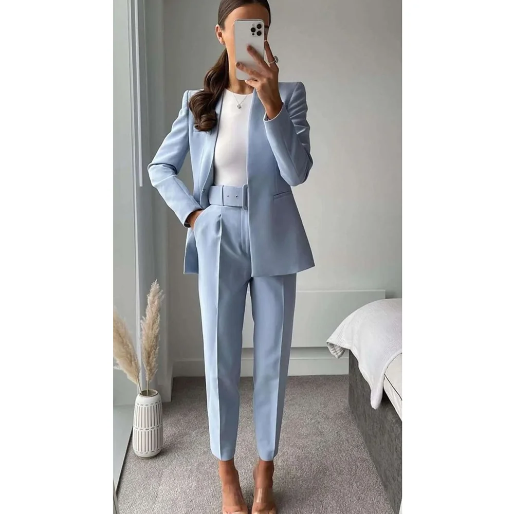 Summer Blue Women Suits Fashion No Buttons Solid New Arrival Office Wear Elegant Casual Basic Simple Pants Sets Two Piece