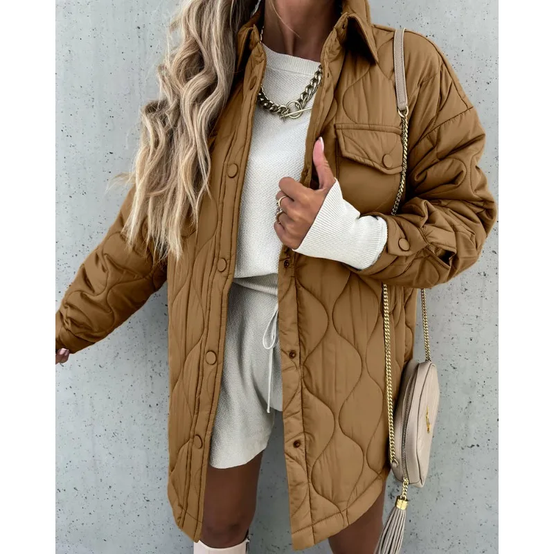 Autumn Winter New Women\'s Clothing Solid Color Mid-Length Single-Breasted Cotton Coat Jacket