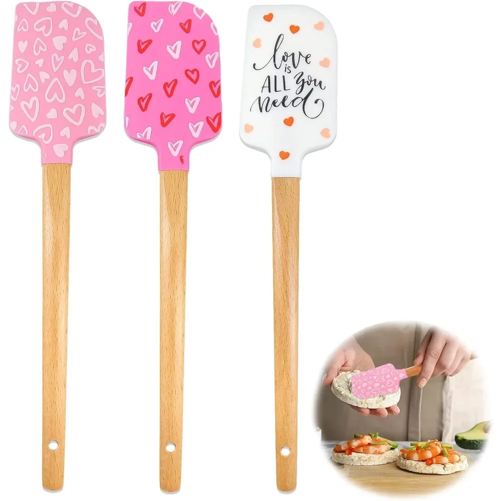 3 Pack Silicone Spatulas with Wooden Handles Heat Resistant Baking Spatulas with Pink Satin Ribbon Bows for Baking Cooking