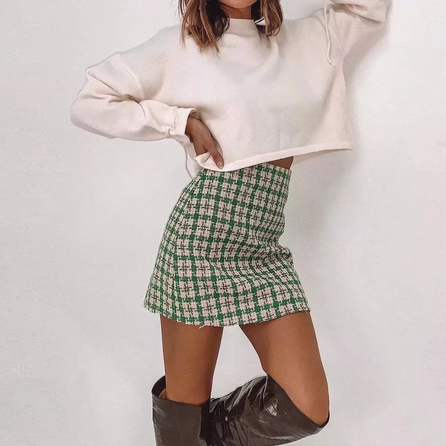 Casual Tweed Thi Weave High Waist Skirt Versatile Autumn 2025 New Women's Faion Simple Match All Seasons  Skirt