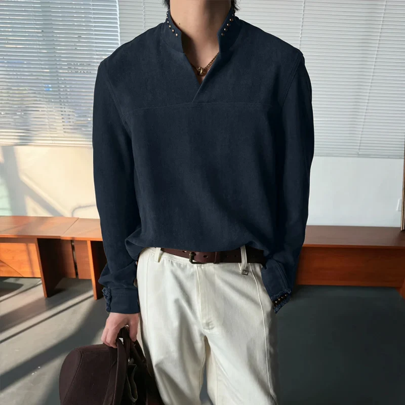 

INCERUN Мужская футболка сплошной цвет с v-образным вырезом и длинным рукавом Свободная мужская одежда Уличная одежда 2025 Корейский стиль Модные повседневные мужские футболки