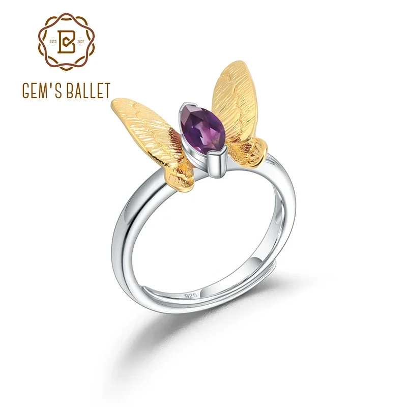 GEM'S BALLET Natural Amethyst Gemstone Butterfly Rings For Women Jewelry 925 Sterling Silver Adjustable Open Handmade Ring