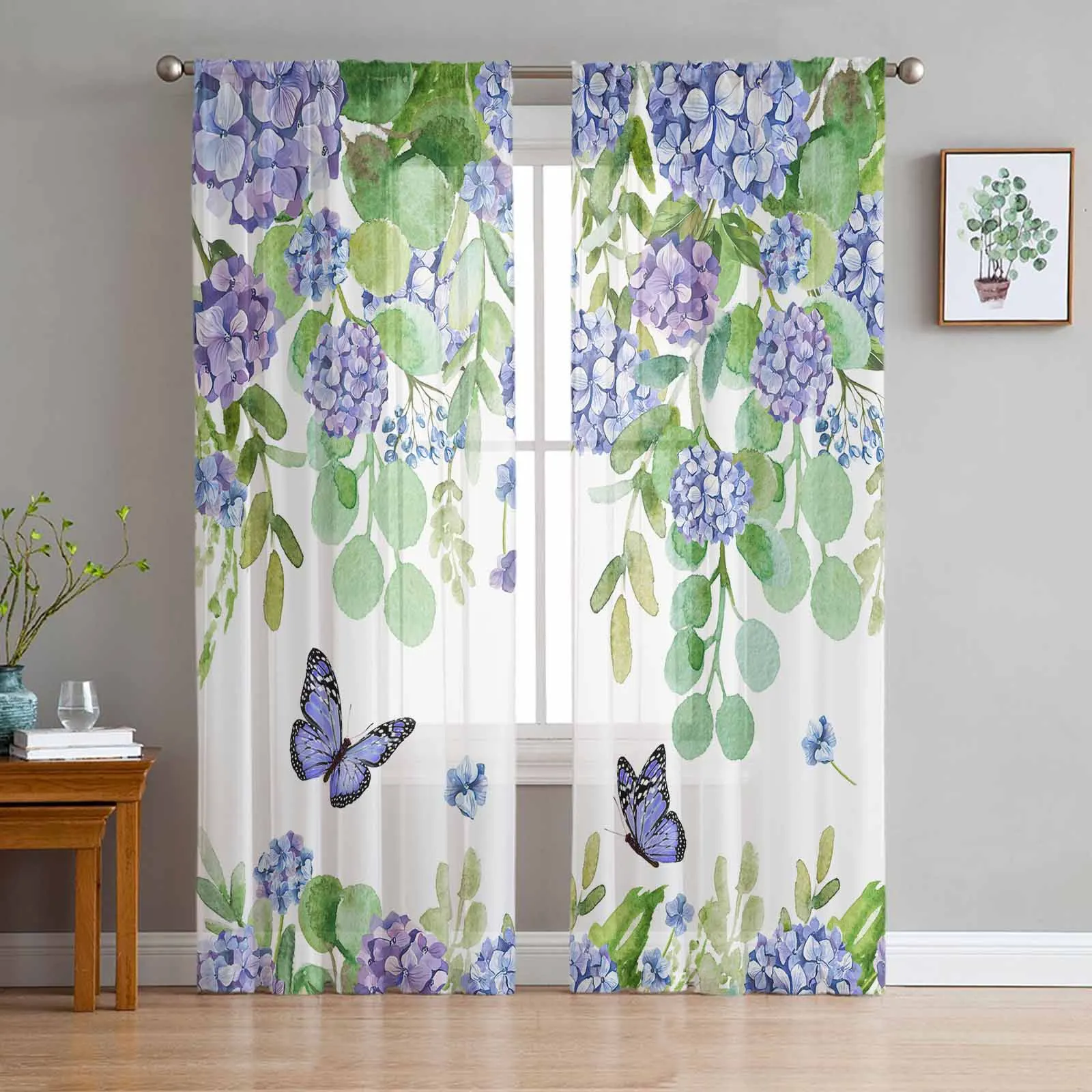 Watercolor Flowers Hydrangeas Leaves Butterfly Sheer Curtains for Living Room Decor Window Curtains Kitchen Tulle Voile Curtains