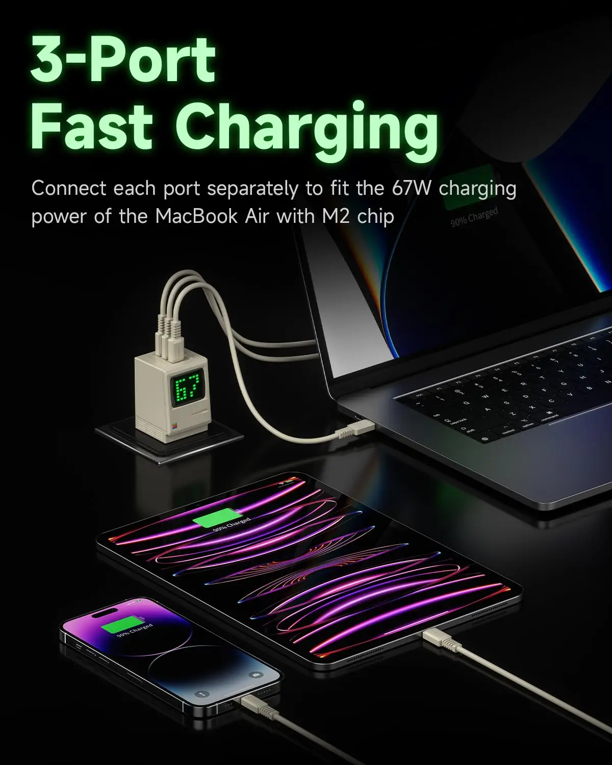 Ładowarka GaN SHARGE 67W 3-portowa szybka ładowarka USB C PD 3.0 Składana ładowarka z kreatywnym wyświetlaczem do Macbooka iPhone 15 Wtyczka EU/US/UK