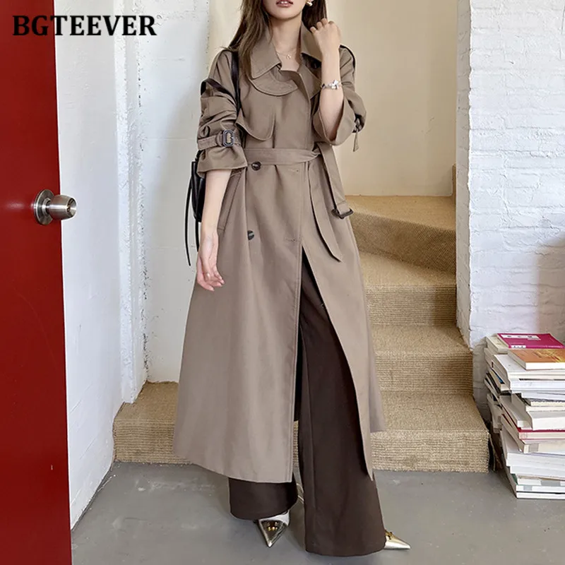 BGTEEVER Vintage Double Breasted Lapel Women Trench Coats Autumn Winter Elegant Loose Ladies Windbreaker