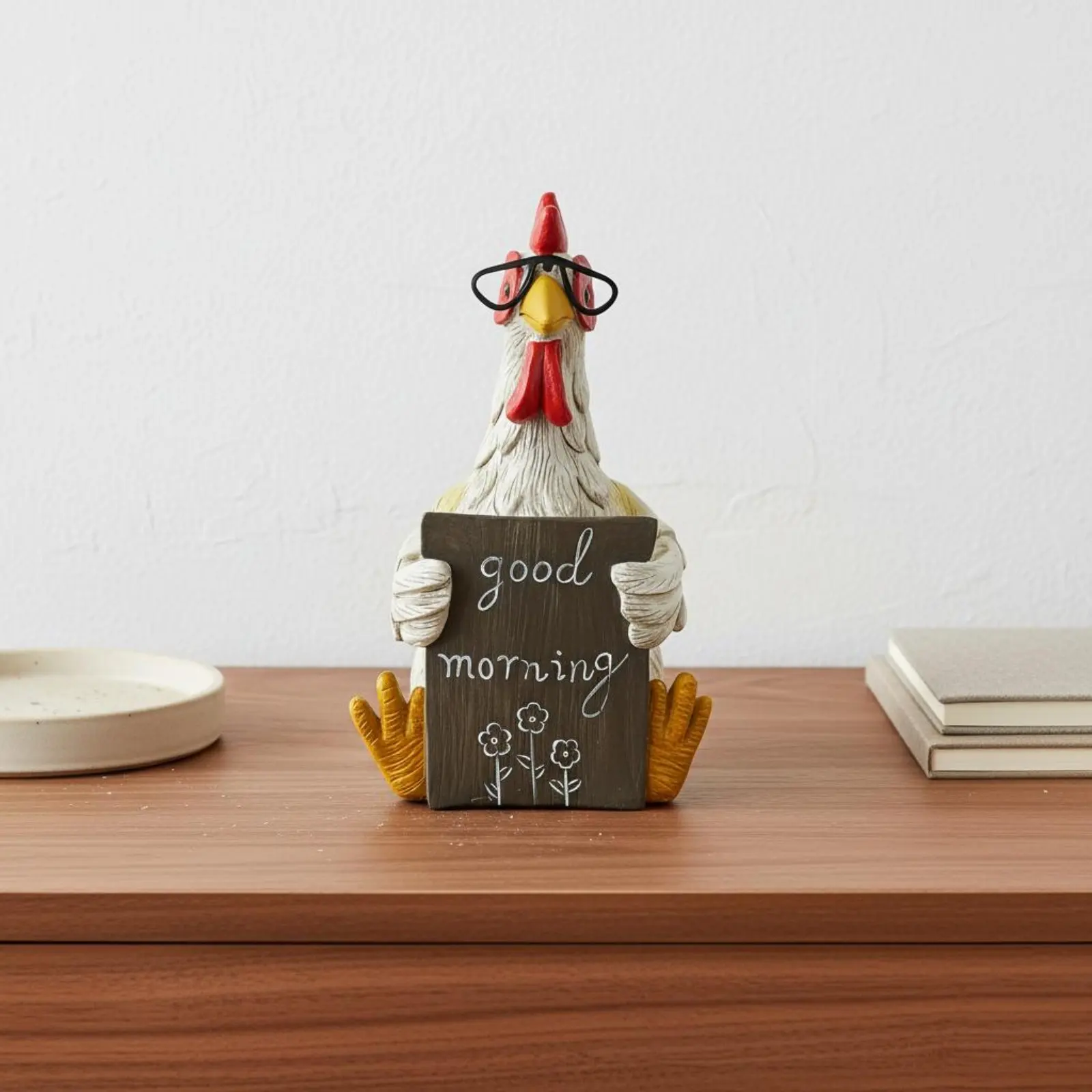 Resin Chicken Figurine Black-Framed Glasses Decorative Chicken Statue Home Decor Neutral Tones Handmade for Tabletop