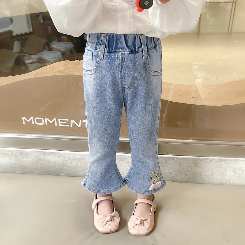 Autumn 2023 girls jeans rabbit cartoon printed bell bottoms Korean girls fashionable elastic pants cute girls shopping jeans.