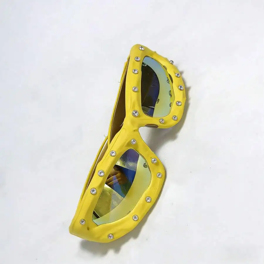 

Yellow Punk Style Riveted Fashion Sunglasses With Rhinestones For Adults