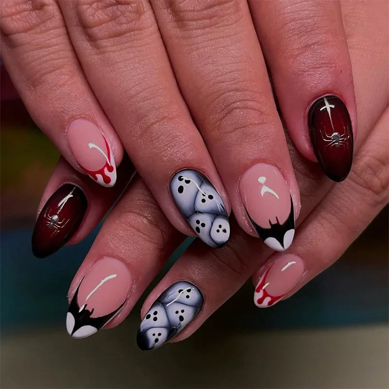 

24Pcs Mid-length Almond Fake Nails Bat Blood French Reusable Press on False Nails with Spider Ghost Design Full Cover Nails Tips