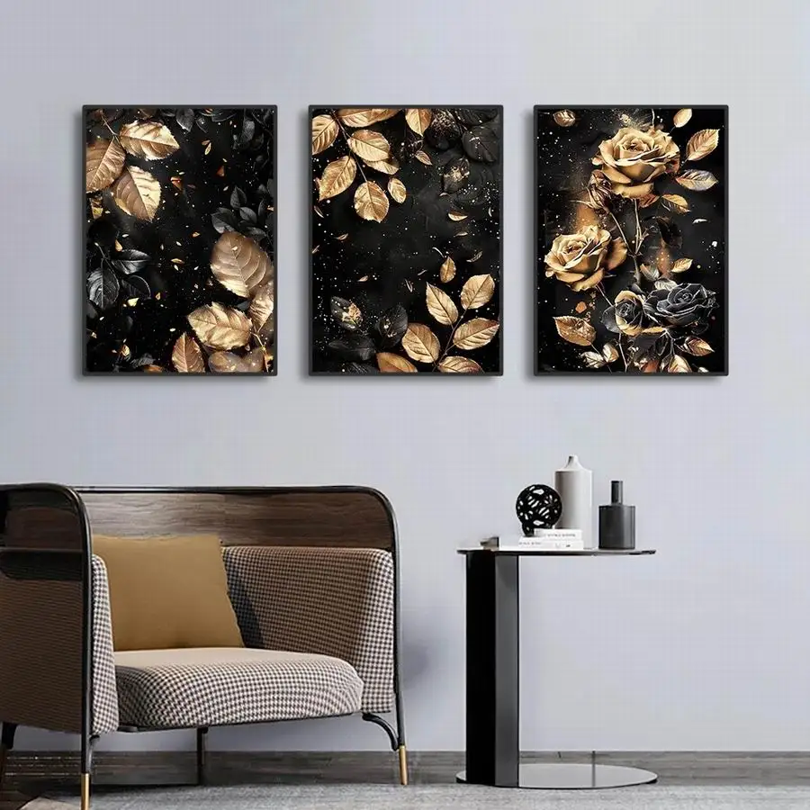 Diy 3 Piece Set Diamond Painting Golden Leaf Rose Full Square Round Drill Mosaic Embroidery Flowers Triptych Rhinestone Picture