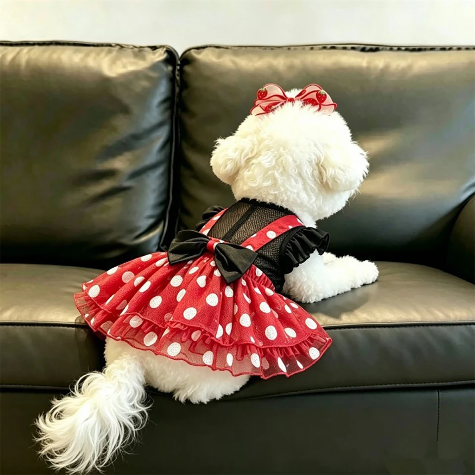Süßes Sommer-Hundekleid, Niedliche Polka-Dot-Haustierkleidung, Prinzessinnen-Schleifenkleid, Netz-Trägerkleid für Teddy-Haustierbedarf – Detail 4