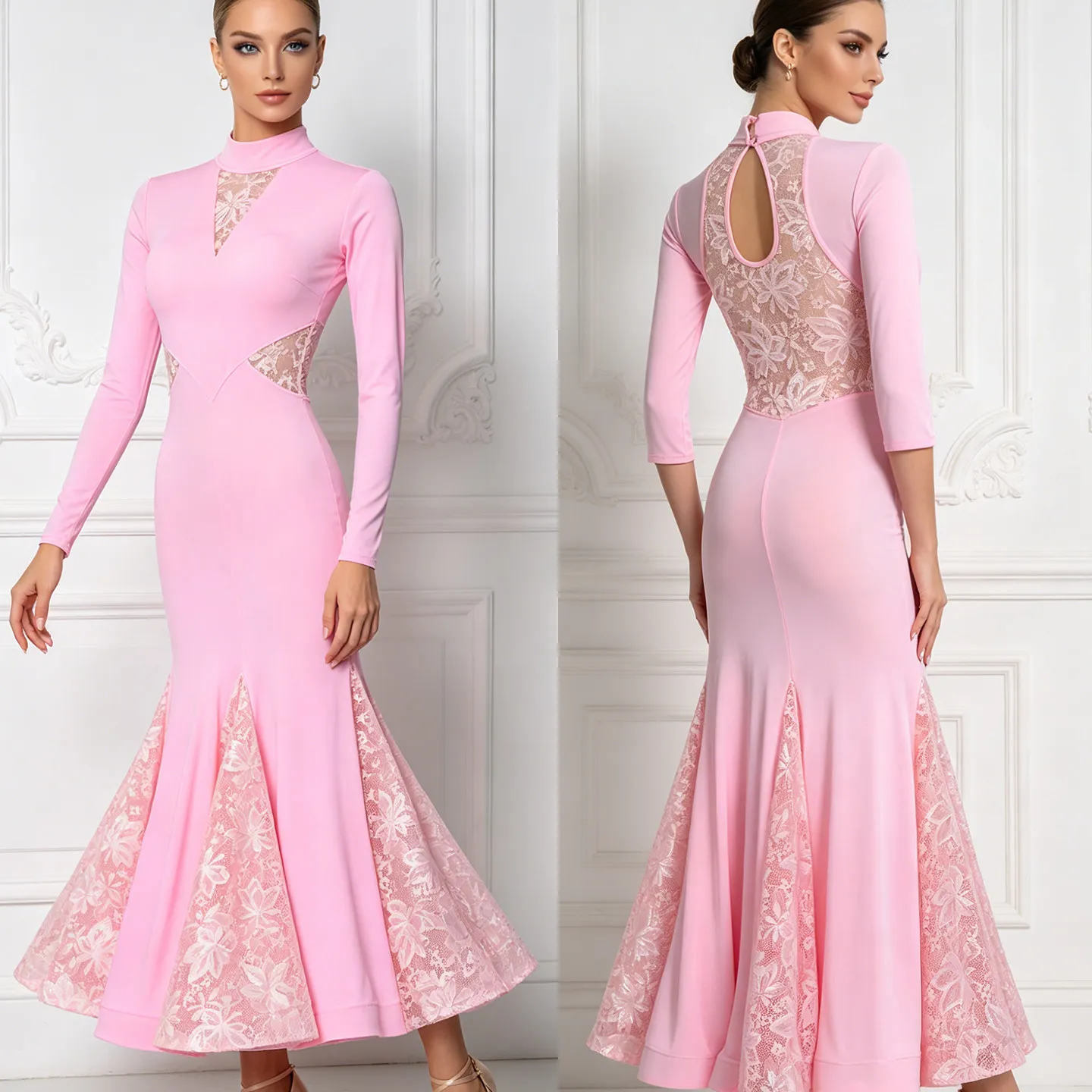 2026 Adult Ballroom Dane Competition Dress For Women Pink Mid Sleeved Lace Fishone Swing Skirts Female Modern Dance Dress XH4735