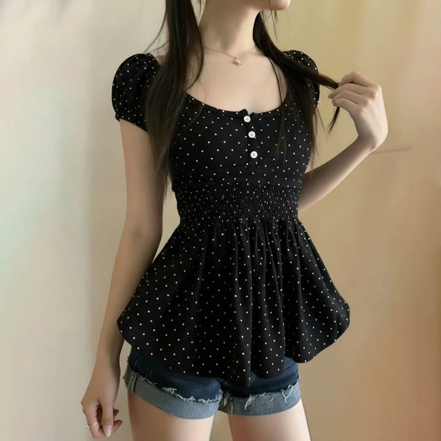 Sweet Polka Dot Print Waist Short-sleeved T-shirt Retro A-line Babydoll Blouse Shirt Top for Versatile Fashion Women Clothing