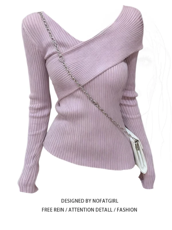 

plus Size Purple Knitted Sweater Women's Autumn Winter Slim Fit Waist Cinched Long Sve Cross Ne Design Top Korean Sle