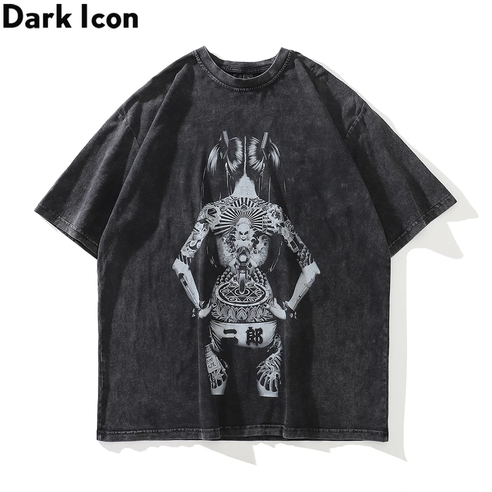 

Dark Icon Printed High Street Men's T-shirt Short Sleeve 2022 Summer Washed Cotton Tshirts for Men