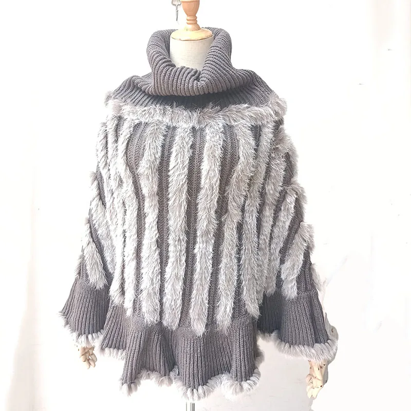 

Women Winter Big Turtle neck Poncho With Real Rabbit Fur Warm Loose Genuine Rabbit Fur Cape Shawl