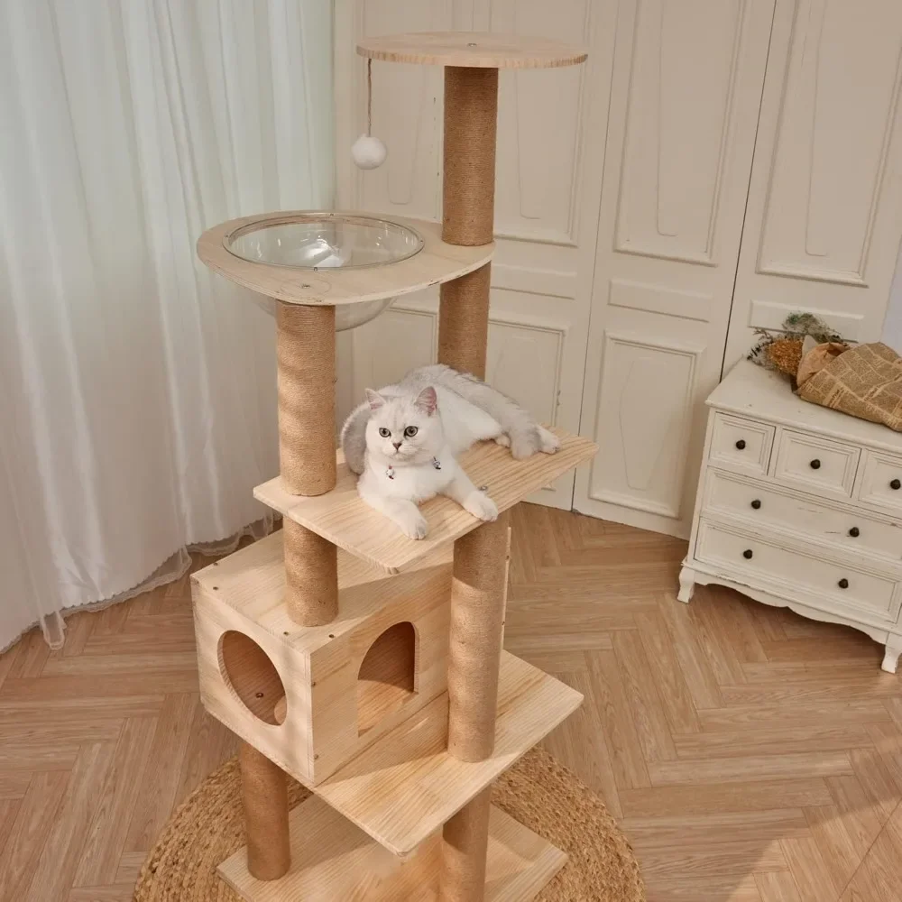 Modern Multi-Level Large Real Solid Wood Cat Tree, Luxury Wooden Cat Tower Cat Condo With Multi-Layer Platform For Indoor Cats||