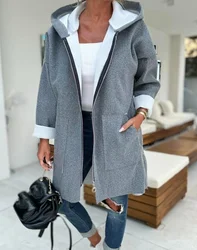 Women's Jacket 2024 Autumn Fashion Hooded Pocket Design Zip Up Lined Long Sleeve Casual Plain Daily Longline Coat