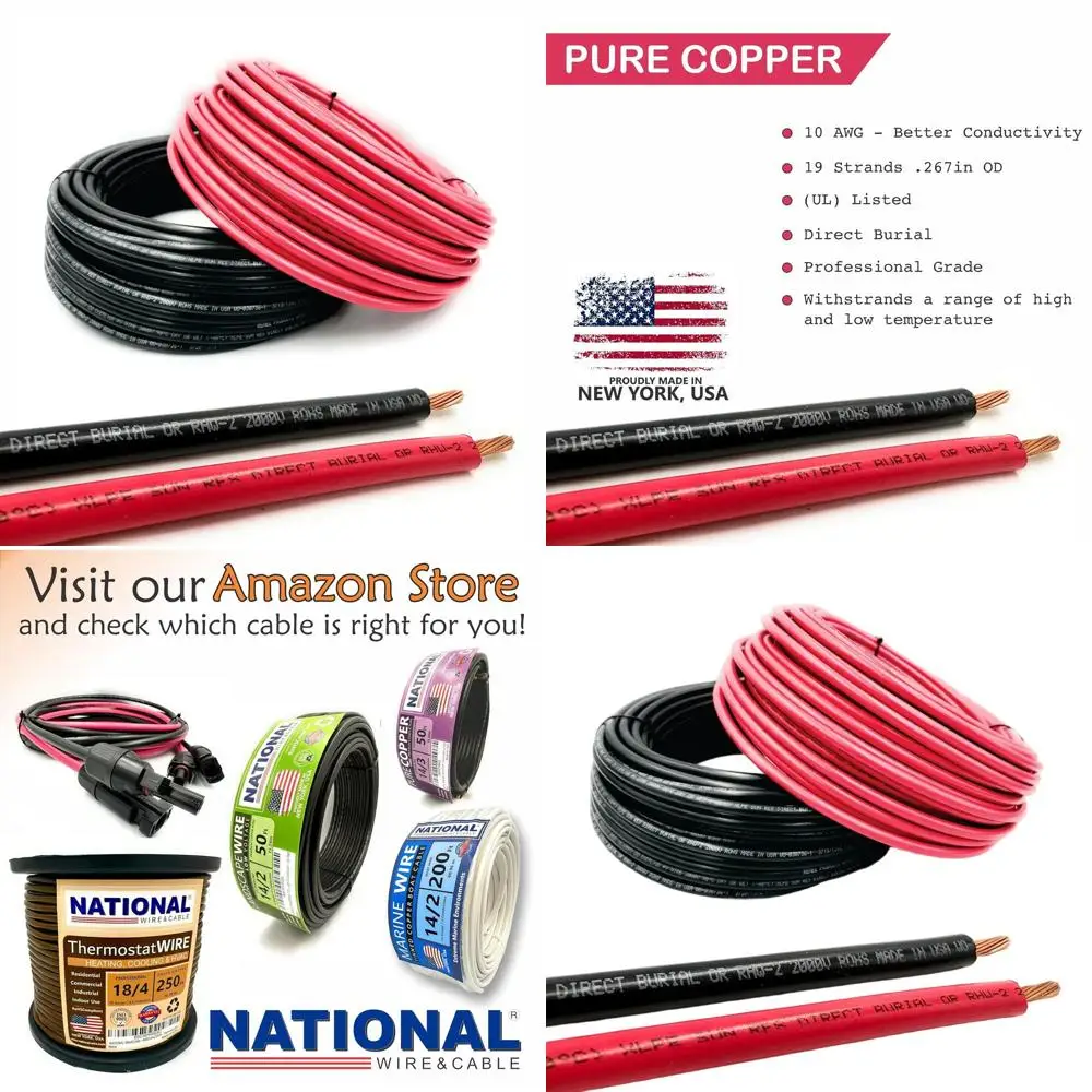 

10 Gauge 2x30ft Copper PV Wire - UV Resistant, Made in USA, Suitable for Outdoor, Marine, Automotive, and RV Applications - Red