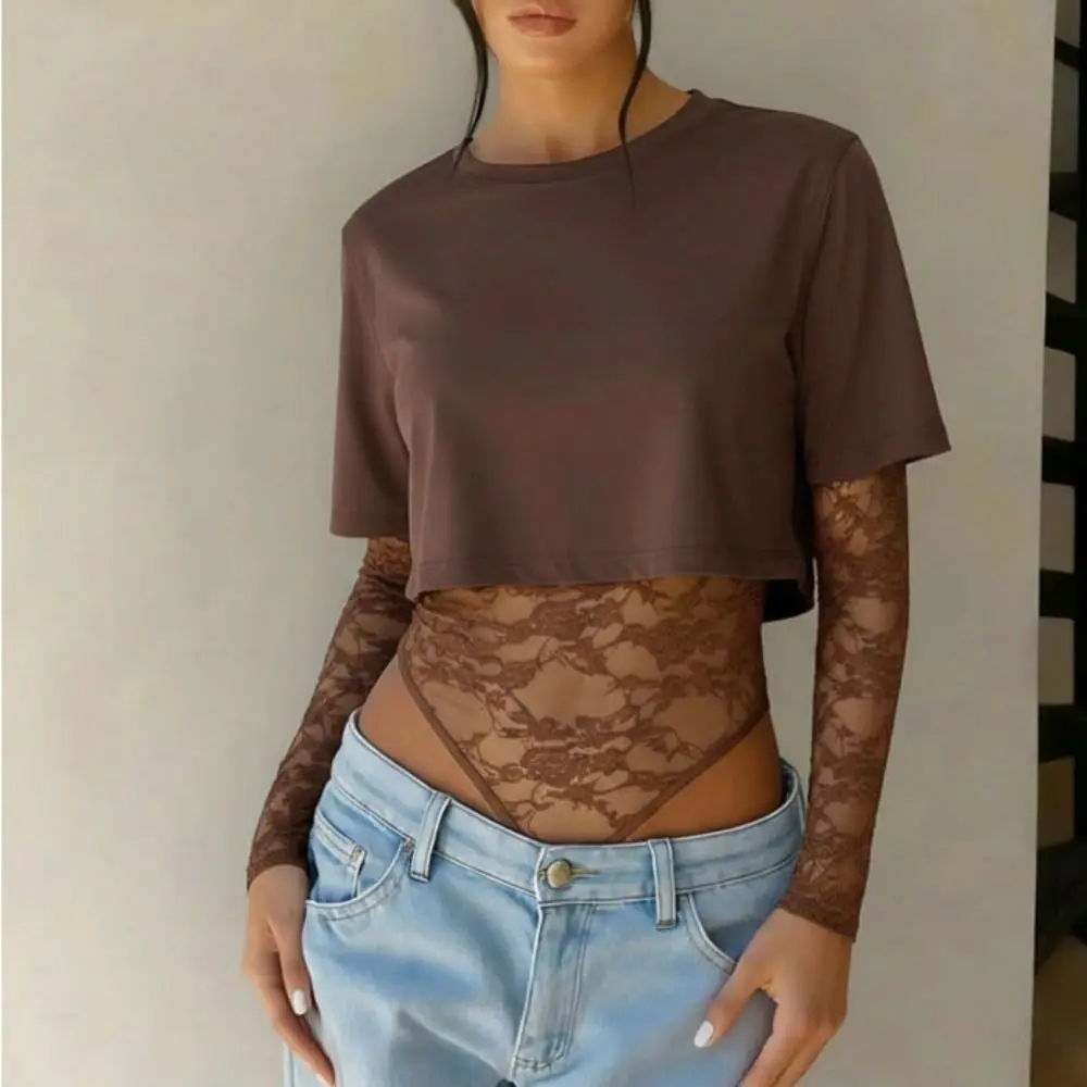 

Lace Design Lace Patchwork Jumpsuits Patchwork Pattern See Through Fabric Women Crop Top Long Sleeve O-neck Style Lace Jacquard
