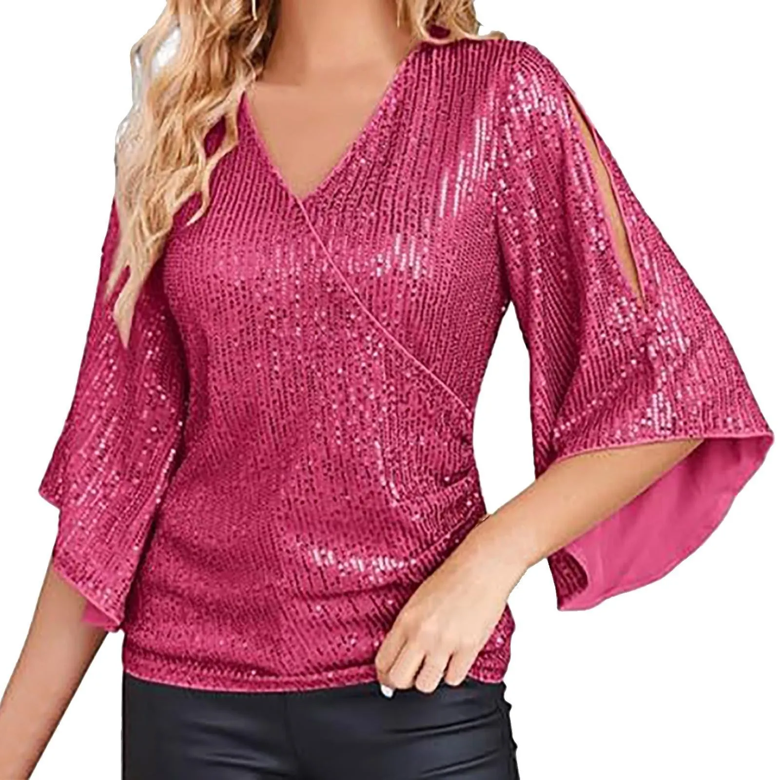 Womens Sequin Tops 3/4 Sleeve Glitter Sparkly Party Blouse V Neck Dressy Tops For Evening Denim Long Sleeve Shirt for Women