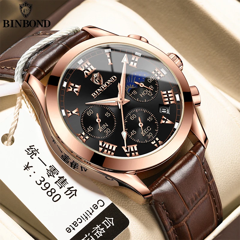 BINBOND Luxury Men's Quartz Chronograph Wristwatch Luminous Hands Waterproof Analog Sport Watch for Gentlemen Outdoor Daily Wear