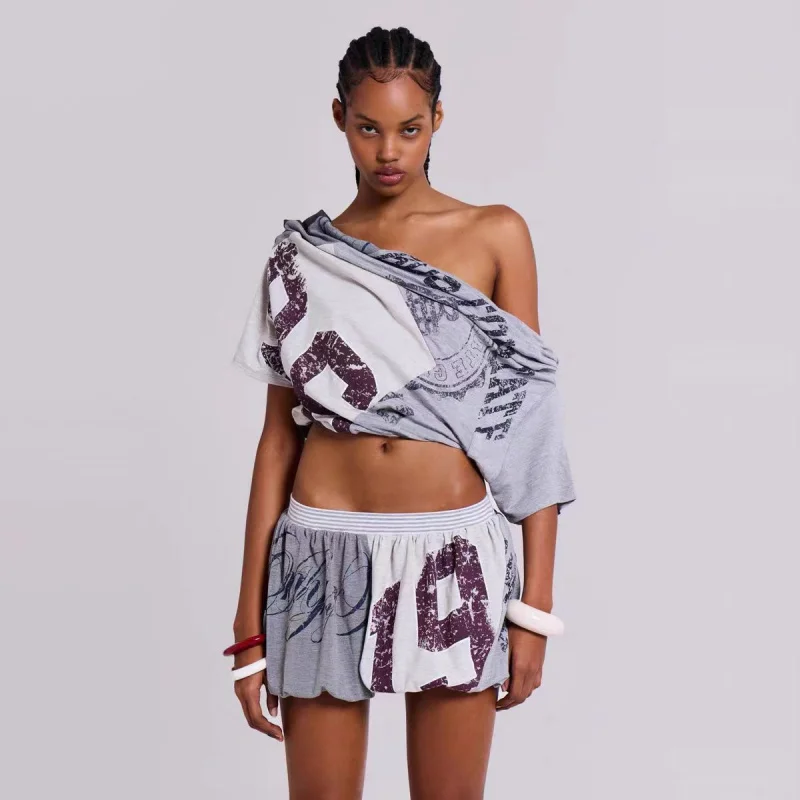 Jaded London Vintage Print Gedeconstrueerde ort Sve Bubble Rok Set Cool Sle Slim Fit T-shirt Bubble Sve voor dames