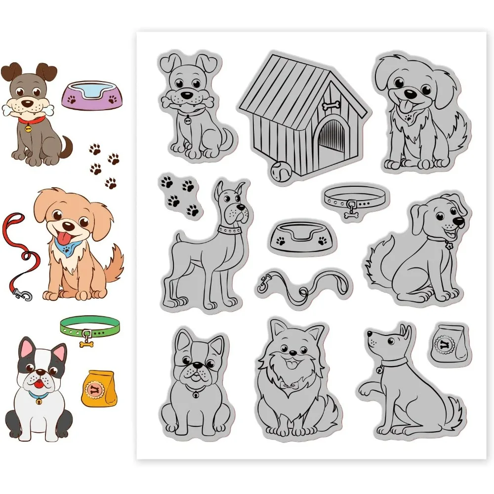 Dogs Cling Rubber Stamps Dog Footprints Kennel Collar Script Stamps for Christmas Birthday Thanksgiving Cards Making DIY