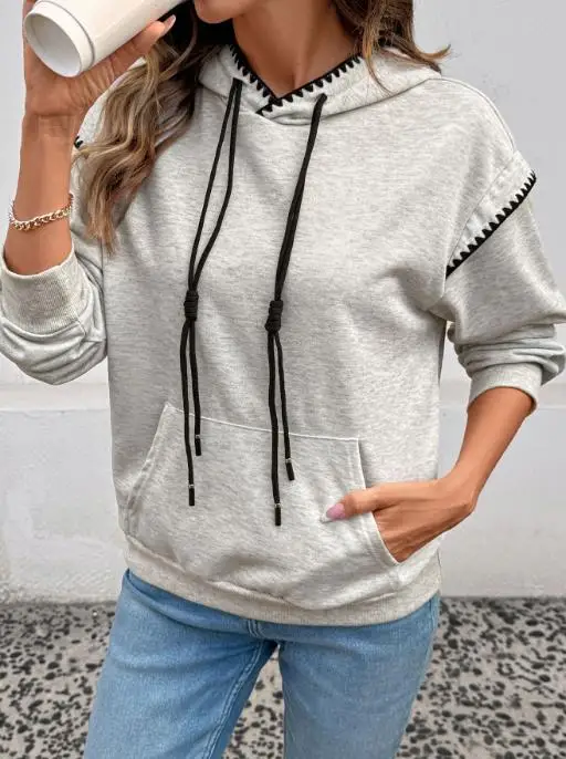 2025 Autumn/winter New Collection Color Contrasting Edge Casual Versatile Daily Fake Two Piece Hooded Hoodie for Women