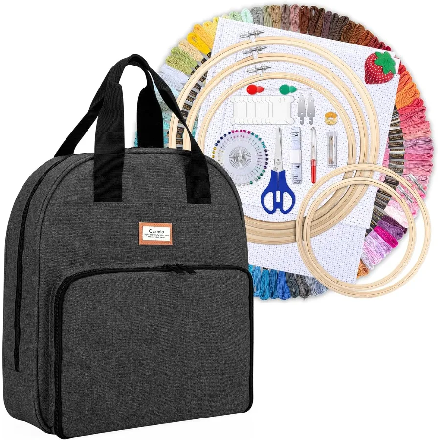 

CURMIO Embroidery Project Carrying Case Cross Stitch Supplies Storage Bag with Starter Kits for Beginners Black Compact and Org