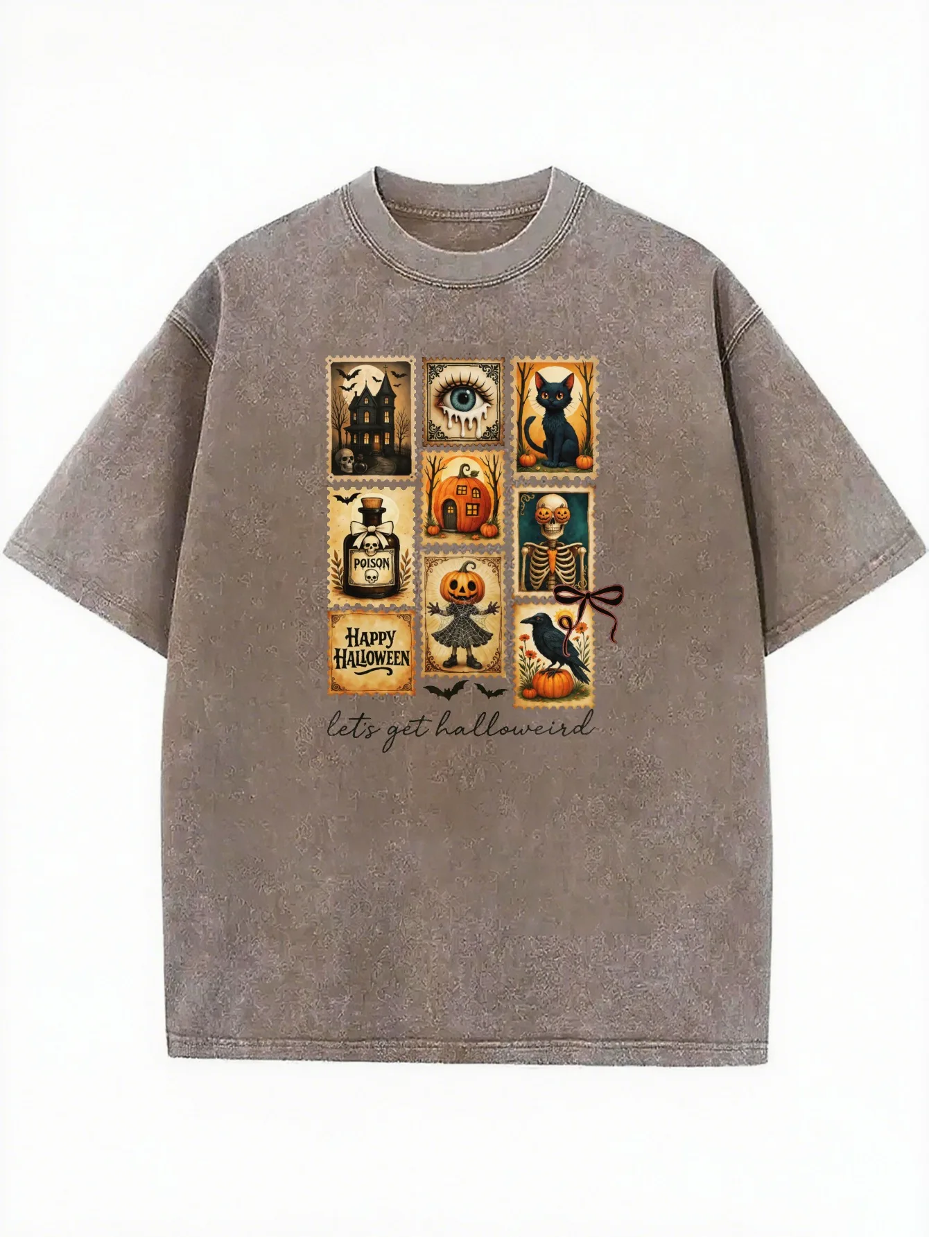 تي شيرت Let's Get Halloweird فضفاض مناسب برقبة دائرية ومغسول مريح ومطبوع للهالوين جاهز للارتداء طوال العام