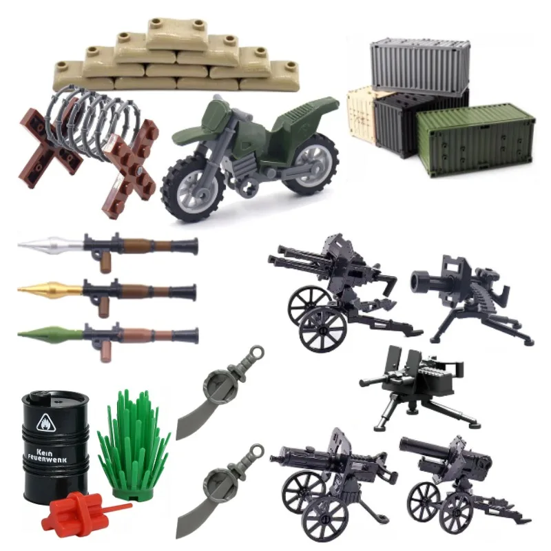 Военная техника, мешки с песком, бочки для топлива, контейнеры, трехколесные мотоциклы, легкие пулеметы, дорожные заграждения, строительные блоки, игрушки