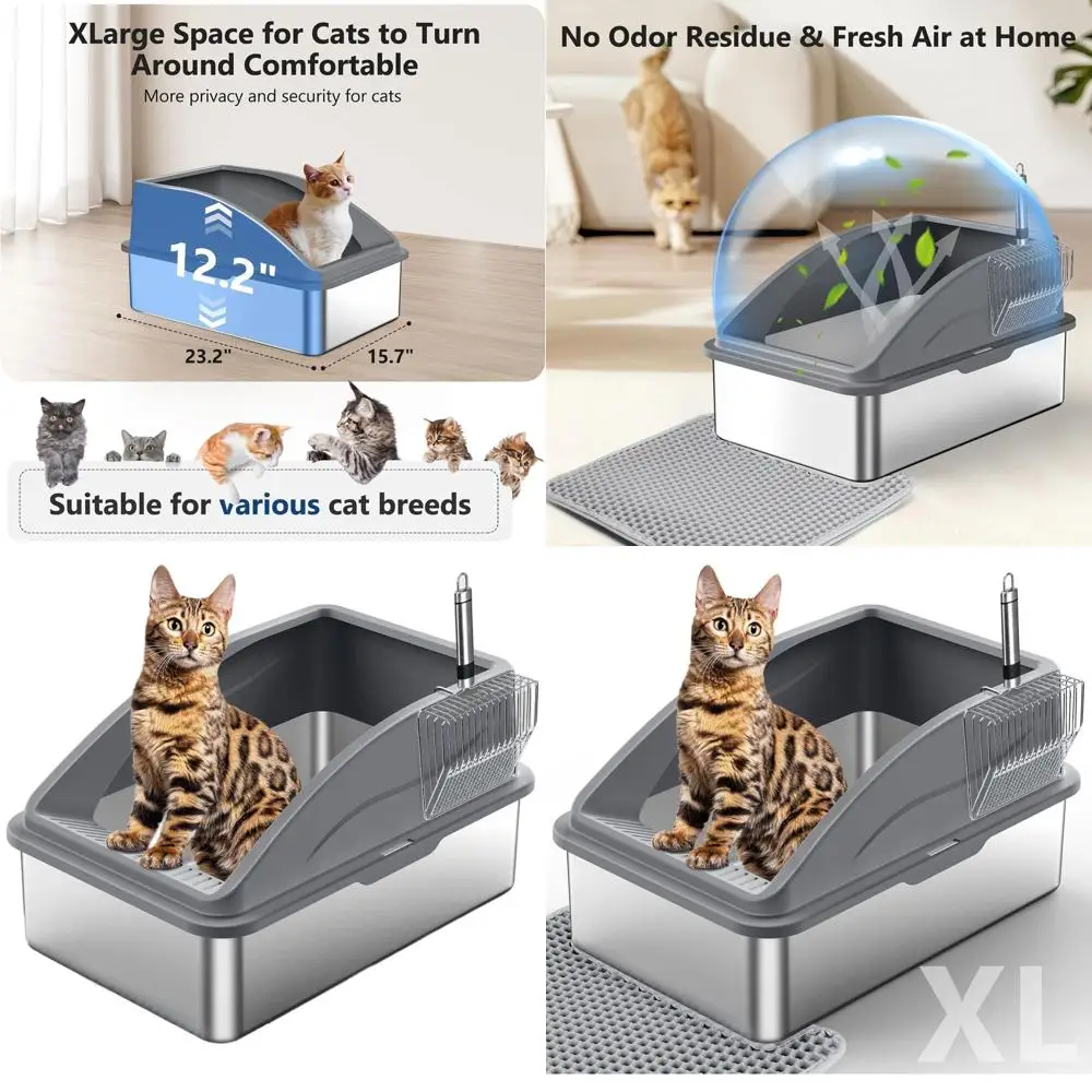 

Очень большой металлический лоток для кошек с крышкой, размер XL для крупных кошек, защита от протекания, антипригарное покрытие, в комплекте коврик и совок.