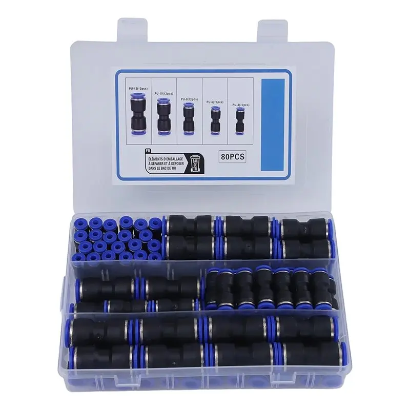 LNHF Air Line Tube Connectors Pneumatic Quick Connect Straight Push To Connect Fittings 80 Pieces Kit