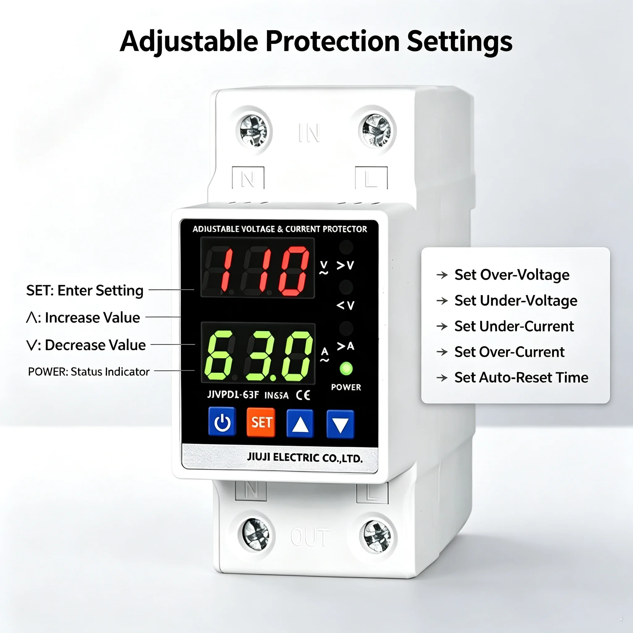 63A DIN Adjustable Overvoltage and Undervoltage Current Protector AC 110V Self Resetting Digital Voltage Protection Switch