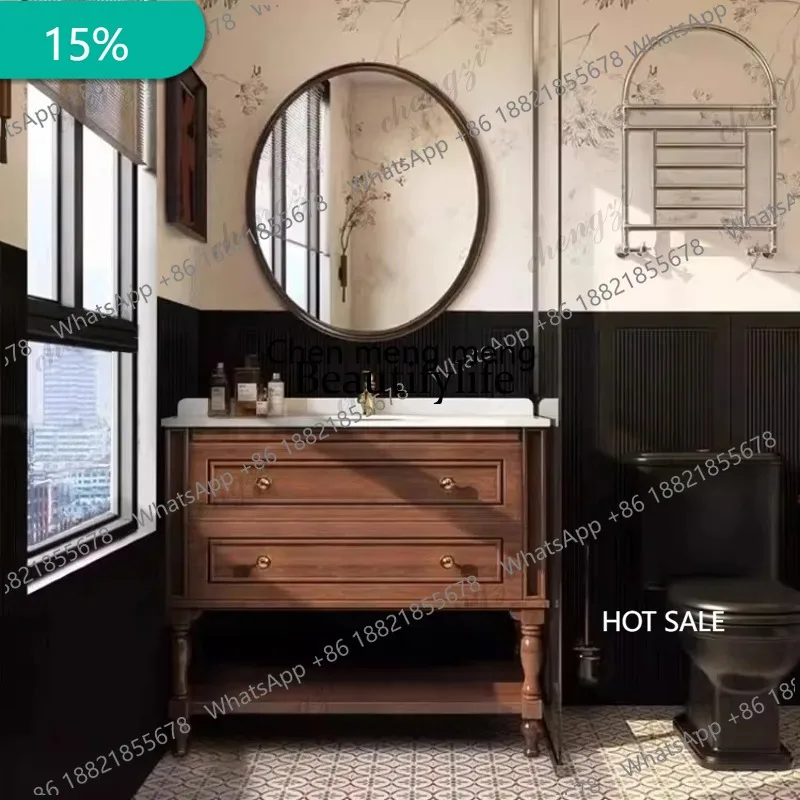 EE182 French Oak Bathroom Vanity, Ceramic Integrated, American Solid Wood Antique Style Bathroom Cabinet, Toilet Washbasin Cabin