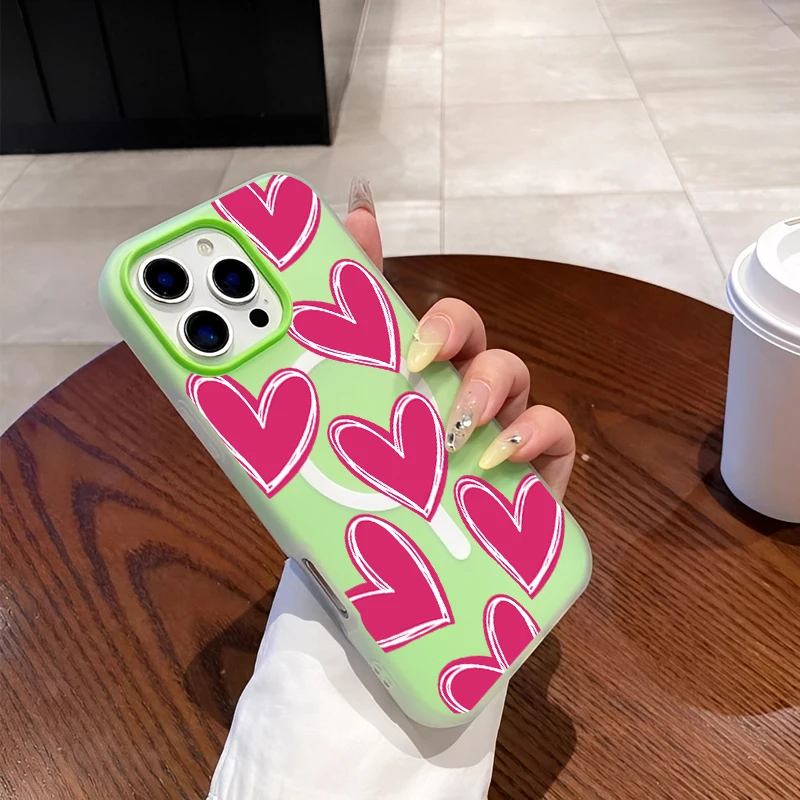 マグネットファッション トレンド シンプル ガーリッシュ ハート フルスクリーン ラブ スマホケース iPhone16 15 14 13 12 11PROMAX対応 シリコンケース カバー