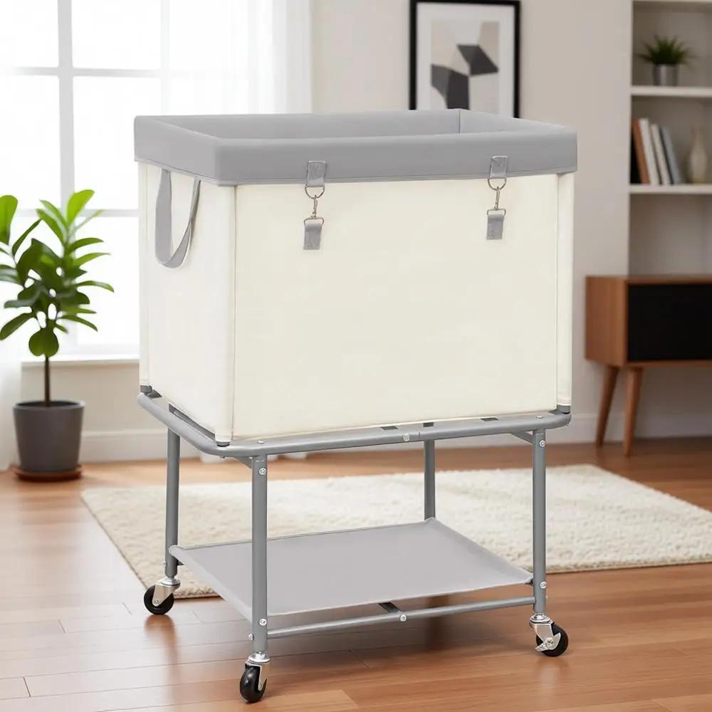 

Heavy-Duty Rolling Laundry Cart with Storage Shelves, Industrial Metal Hamper for Dorms, Closets, and Bedrooms, Beige Canvas Bag
