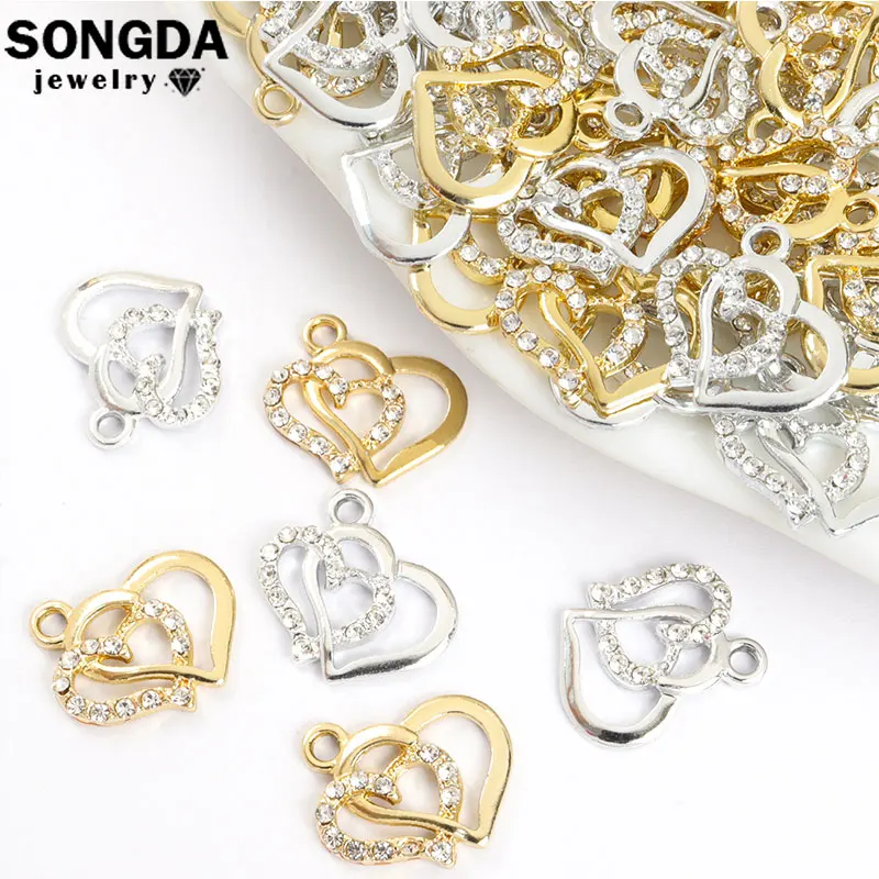 10pcs Gold Silver Color Double Hearts Crystals Metal Charms Pendants Jewelry DIY Couple Bracelets Necklaces Handmade Accessories