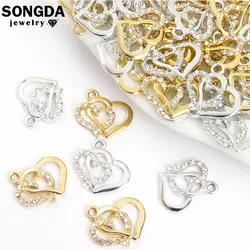 10pcs Gold Silver Color Double Hearts Crystals Metal Charms Pendants Jewelry DIY Couple Bracelets Necklaces Handmade Accessories