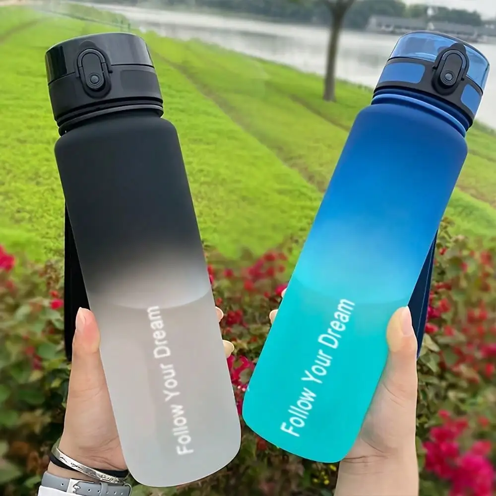 1 Piece, 21/16 Oz 'Follow Your Dream' Motivational Sports Water Bottle, Portable Leak-Proof Plastic Sports Fitness Travel Bottle, Gradient Color Plastic Beverage Bottle For Men And Women Students - Ideal For Travel, Gym, Fitness, Ideal Birthday Gift, Summ