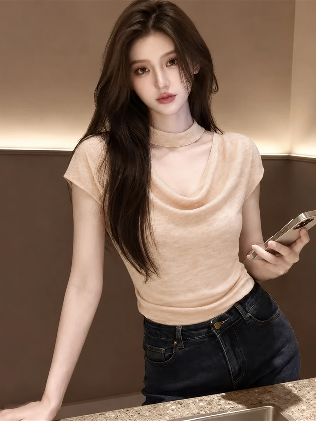 Korean Style Slim Fit Short Sleeve Knitted Ice Silk T-Shirt Women's Fashionable Top Comfortable Breathable Summer Shirt