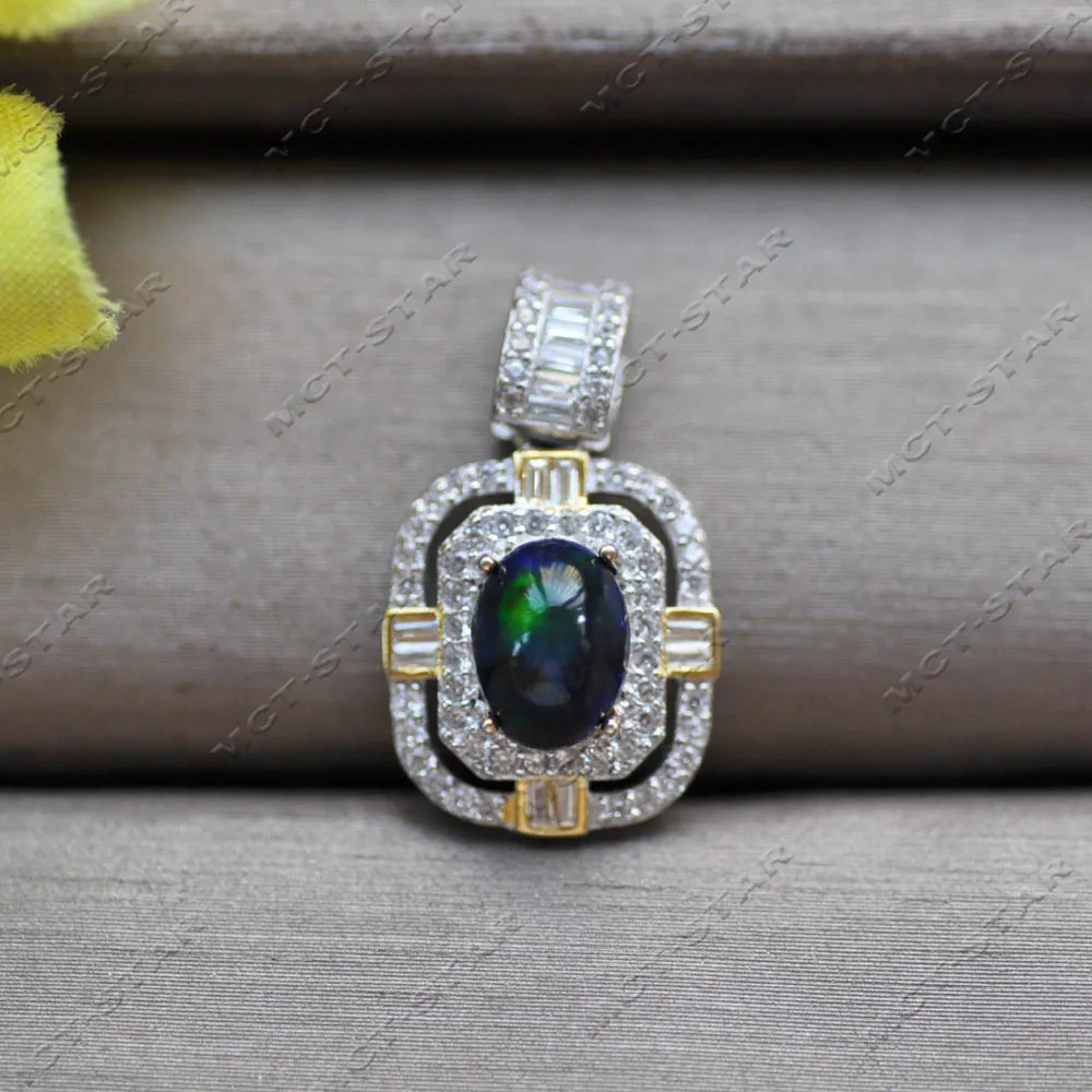 Z14288 Square 14mm Natural Peacock-Green Black Opal Stone Pendant CZ Sterling silver