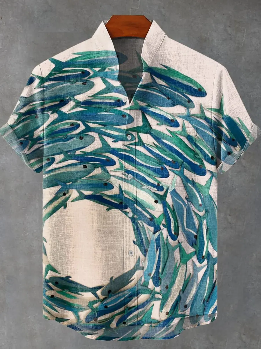 Гавайская мужская рубашка с коротким рукавом с 3D принтом рыбы, модная повседневная удобная дышащая ткань, новая серия