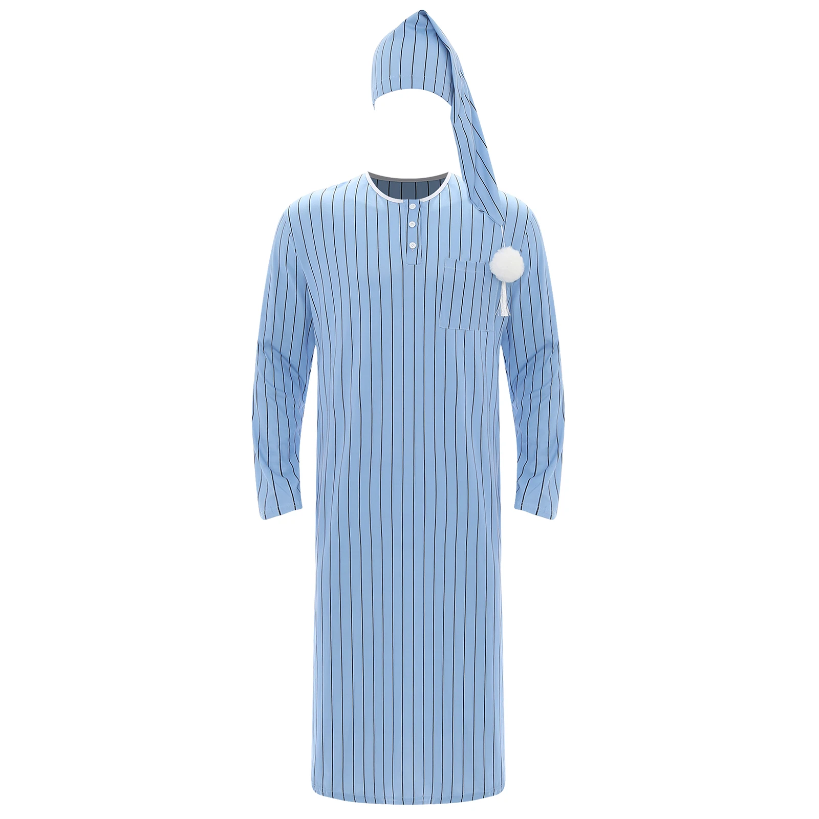 Weiche, lockere Herren-Nachtwäsche, gestreiftes Langarm-Nachthemd mit Schlafmütze, Pyjama-Set, Sissy-Schlafrobe, arabischer muslimischer Pyjama