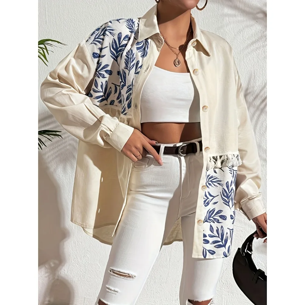 Jaqueta com franjas plus size: casaco com gola entalhe com estampa botânica e bainha fluida para início do outono, camadas casuais e roupa confortável